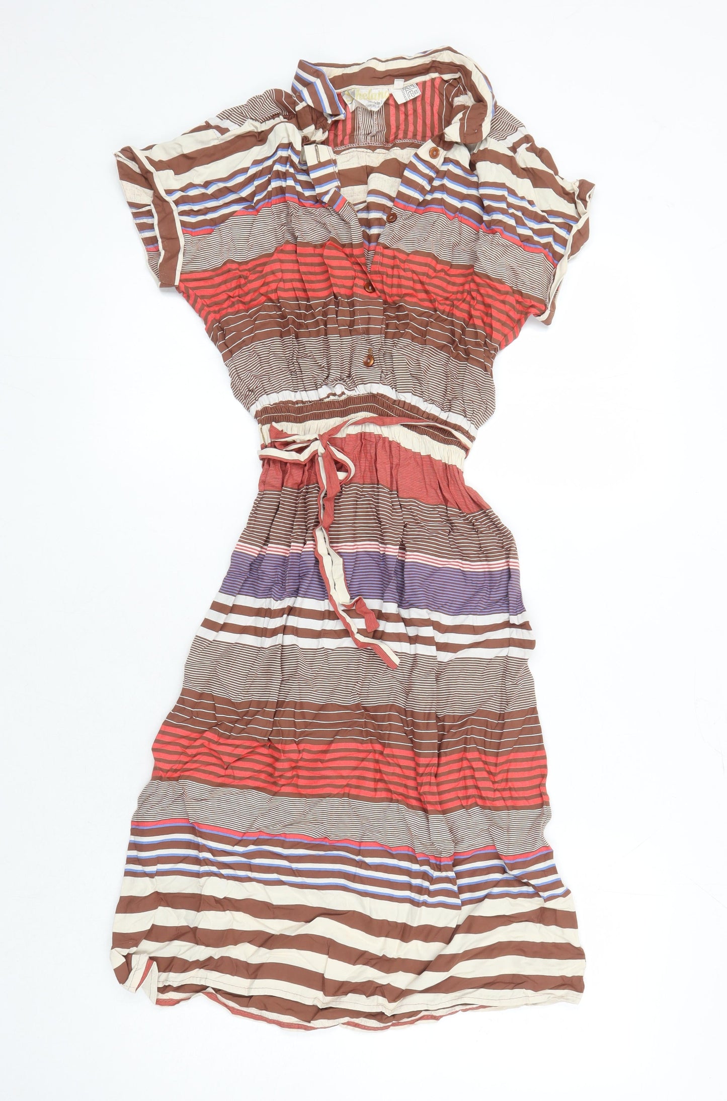 Shelena Womens Multicoloured Striped Viscose A-Line Size 14 Collared - Elasticated Waist