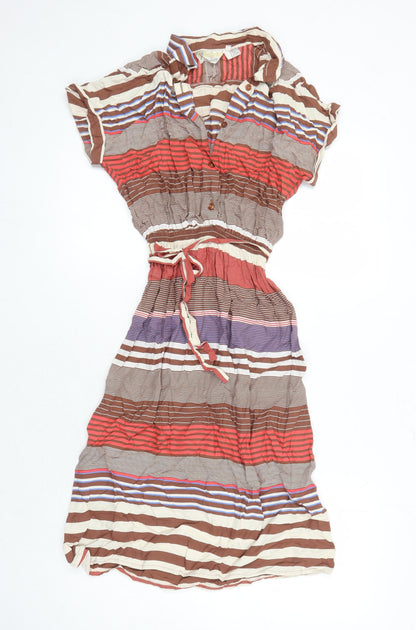 Shelena Womens Multicoloured Striped Viscose A-Line Size 14 Collared - Elasticated Waist