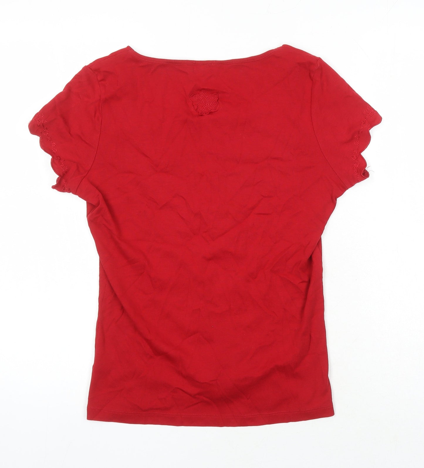 Per Una Womens Red Cotton Tunic T-Shirt Size 12 Scoop Neck - Embroidered Flowers