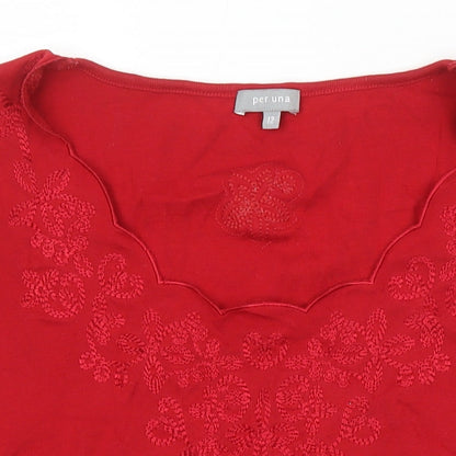 Per Una Womens Red Cotton Tunic T-Shirt Size 12 Scoop Neck - Embroidered Flowers