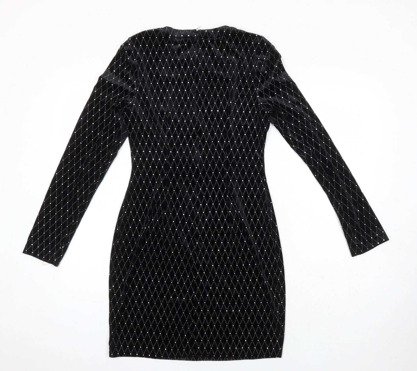 Boohoo Womens Black Geometric Polyester Bodycon Size 12 Round Neck