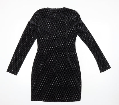 Boohoo Womens Black Geometric Polyester Bodycon Size 12 Round Neck