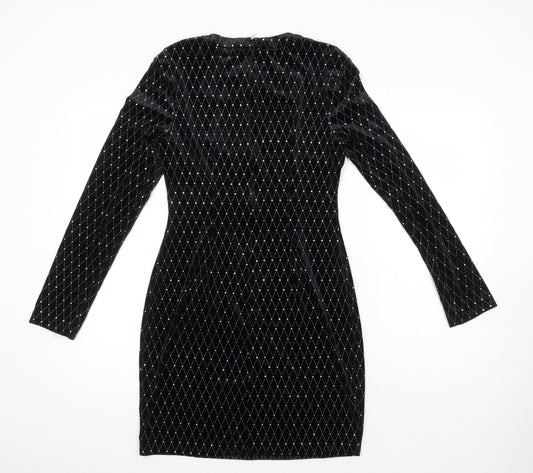 Boohoo Womens Black Geometric Polyester Bodycon Size 12 Round Neck