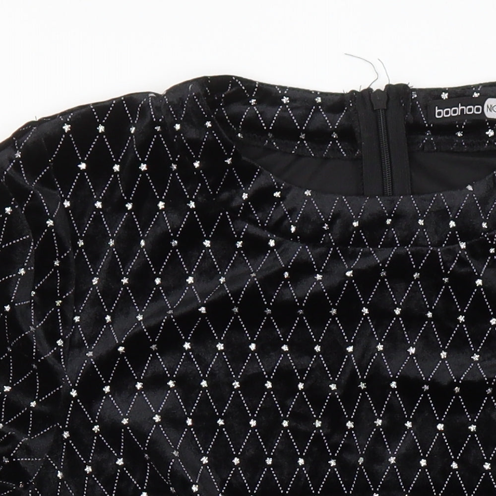 Boohoo Womens Black Geometric Polyester Bodycon Size 12 Round Neck