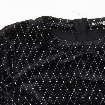 Boohoo Womens Black Geometric Polyester Bodycon Size 12 Round Neck