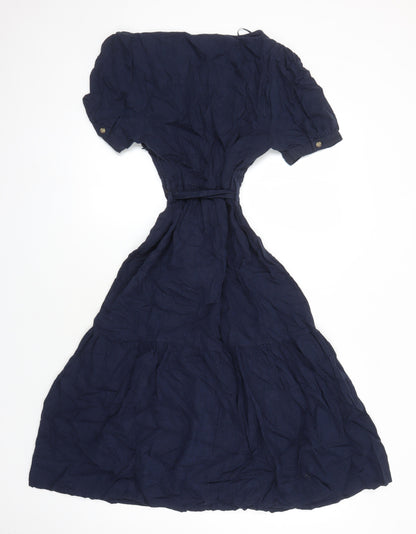 M&S Womens Blue Houndstooth Flax Shirt Dress Size 8 Sweetheart