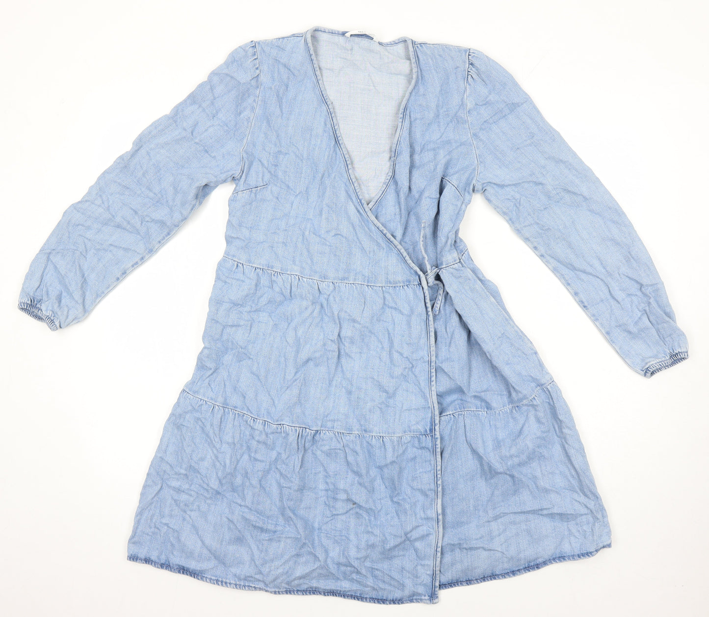 M&S Girls Blue Cotton Wrap Dress Size 12-13 Years V-Neck Tie
