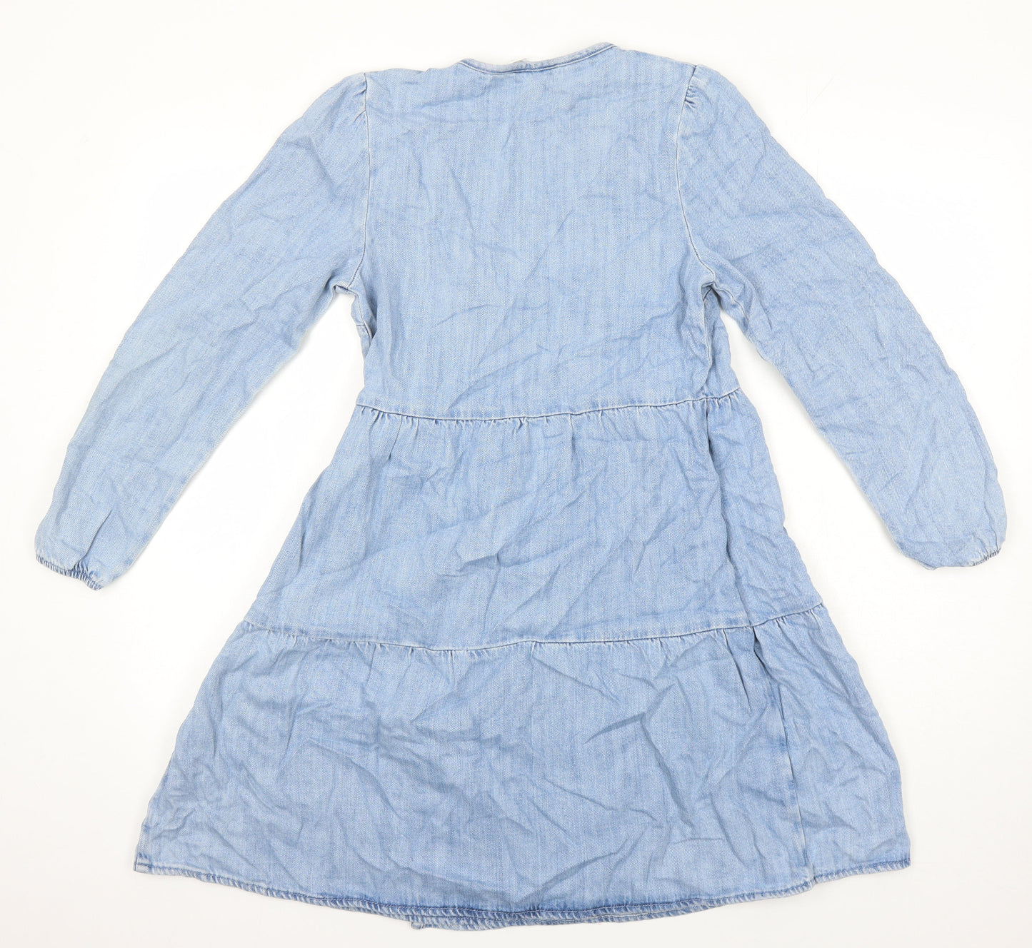 M&S Girls Blue Cotton Wrap Dress Size 12-13 Years V-Neck Tie