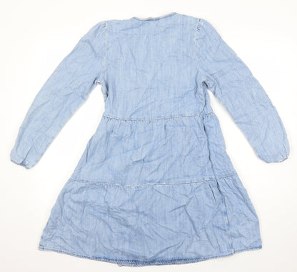 M&S Girls Blue Cotton Wrap Dress Size 12-13 Years V-Neck Tie