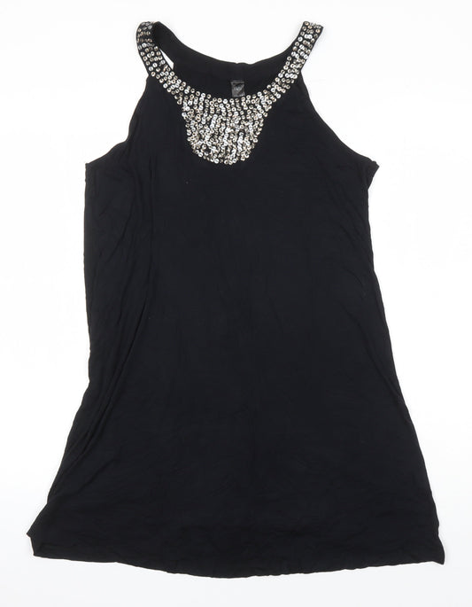 M&Co Womens Black Viscose Tunic Tank Size 10 Boat Neck - Sequin Detail