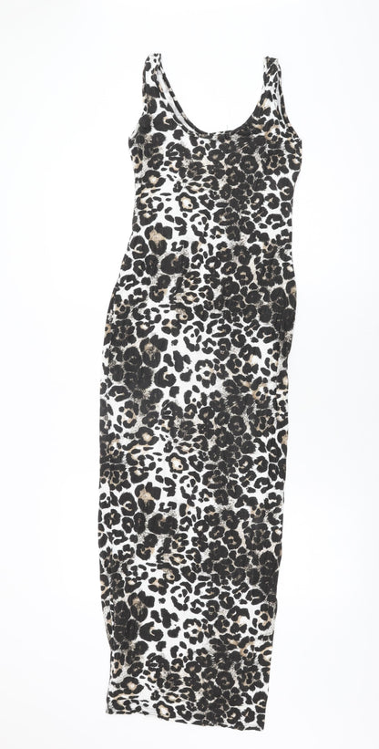 Boohoo Womens White Animal Print Polyester Bodycon Size 6 Scoop Neck Pullover