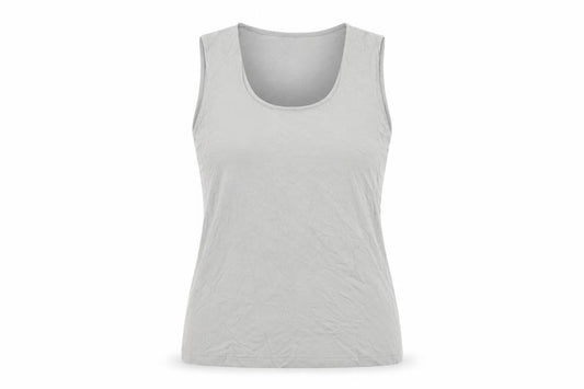 Front view of YAYA women’s grey polyamide basic t-shirt, size M, square neck
