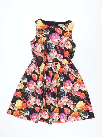 Lindy Bop Womens Black Floral Polyester A-Line Size 10 Boat Neck Zip