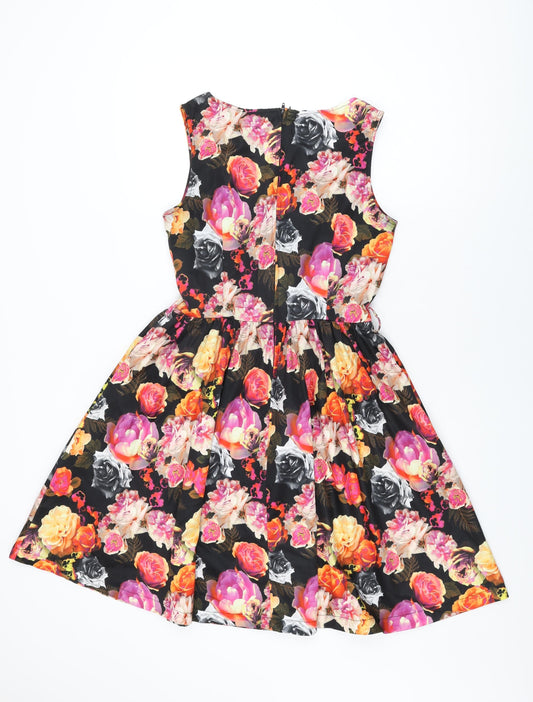 Lindy Bop Womens Black Floral Polyester A-Line Size 10 Boat Neck Zip