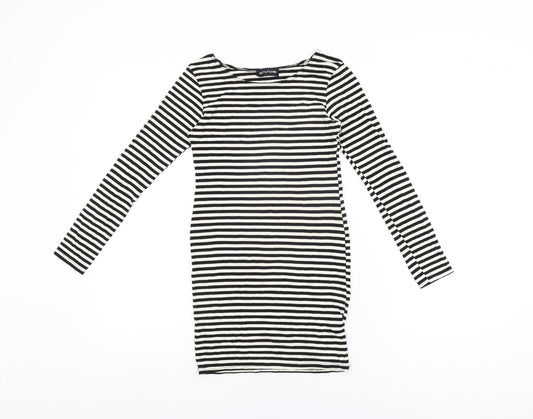 PRETTYLITTLETHING Womens White Striped Viscose Bodycon Size 8 Round Neck Pullover