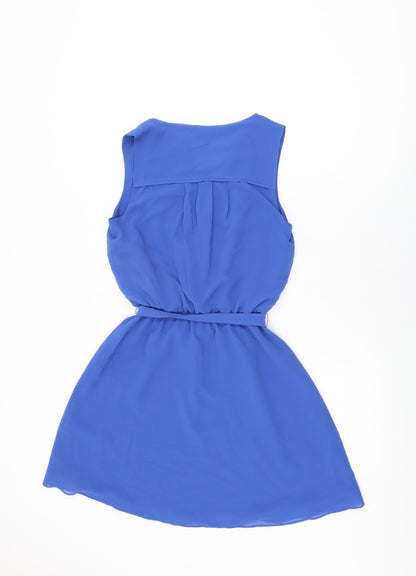 Warehouse Womens Blue Polyester Skater Dress Size 6 V-Neck Pullover