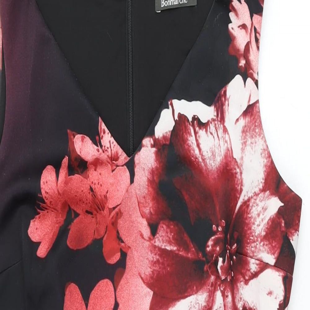 Bonmarché Womens Black Floral Polyester Bodycon Size 12 V-Neck Zip