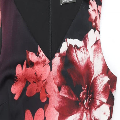 Bonmarché Womens Black Floral Polyester Bodycon Size 12 V-Neck Zip