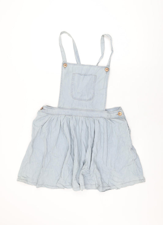 Denim & Co. Womens Blue Cotton Pinafore/Dungaree Dress Size 14 Square Neck Button