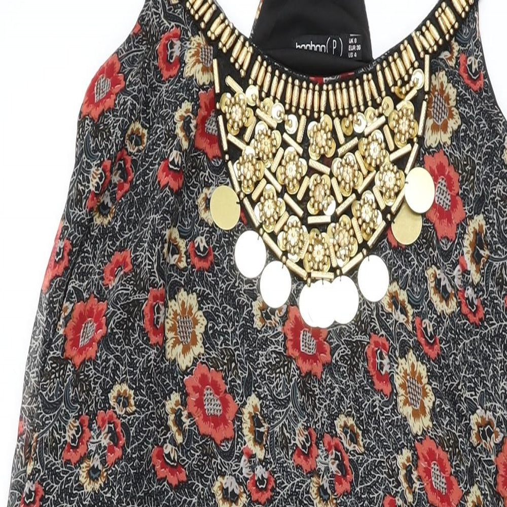 Boohoo Womens Black Floral Polyester Shift Size 8 Round Neck Pullover