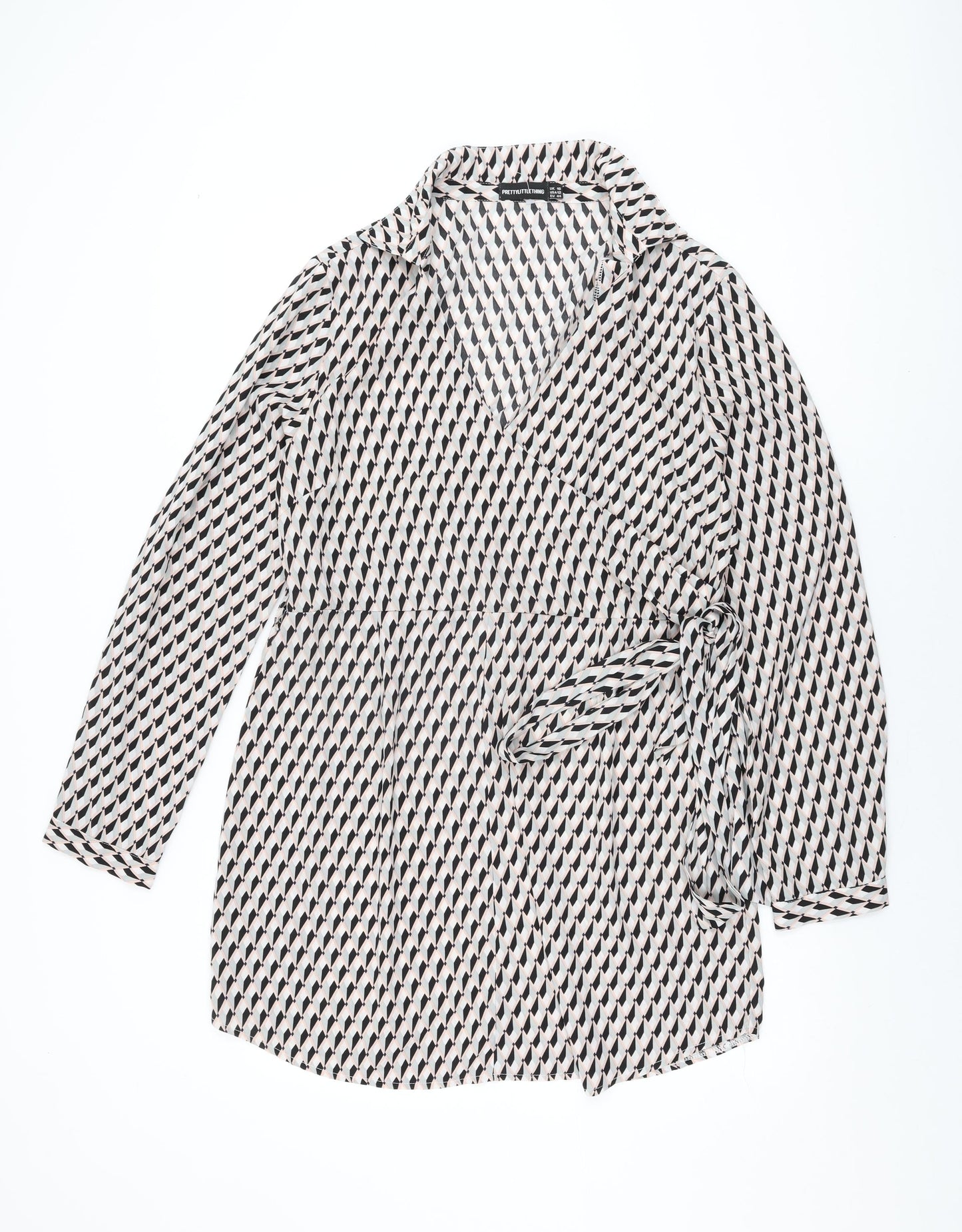 PRETTYLITTLETHING Womens Multicoloured Geometric Polyester Wrap Dress Size 16 V-Neck Tie