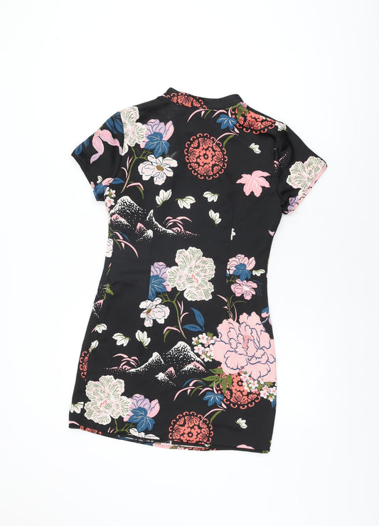 Zara Womens Black Floral Polyester Mini Size S Round Neck Zip