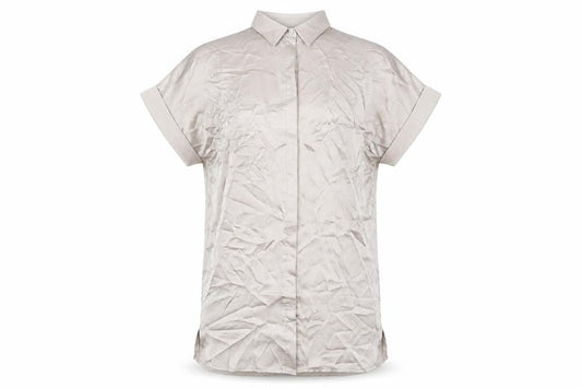 Front view of Missguided women’s grey polyester shirt dress, size UK 4, collared button