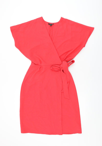Topshop Womens Red Polyester Wrap Dress Size 8 V-Neck Tie
