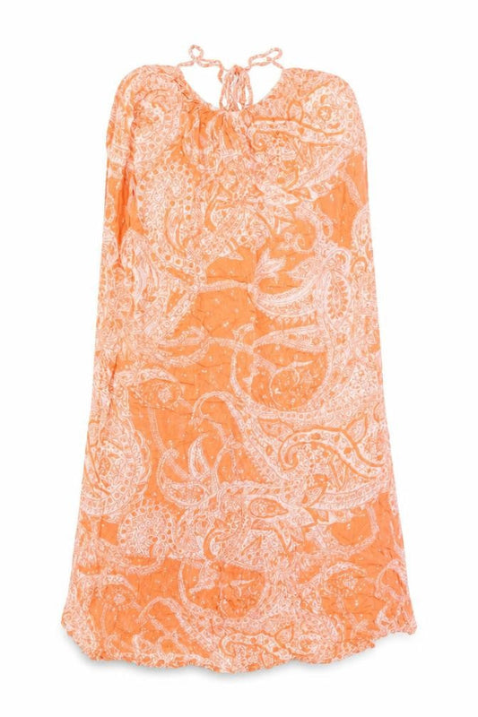 Front view of ASOS women’s orange geometric viscose shift, size UK 6, round neck tie