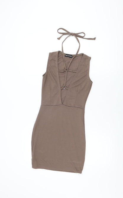 PRETTYLITTLETHING Womens Brown Polyester Bodycon Size 6 V-Neck Tie