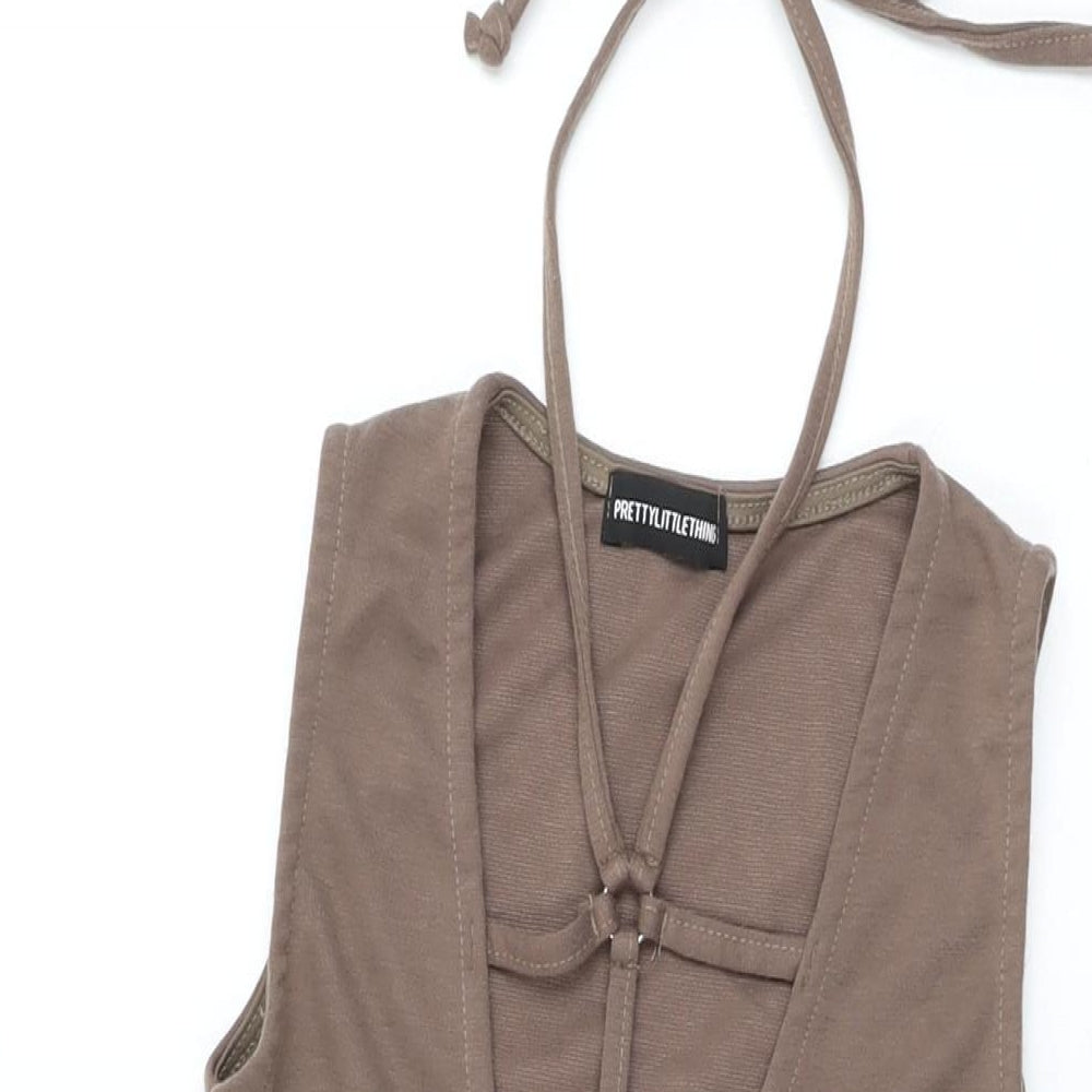 PRETTYLITTLETHING Womens Brown Polyester Bodycon Size 6 V-Neck Tie
