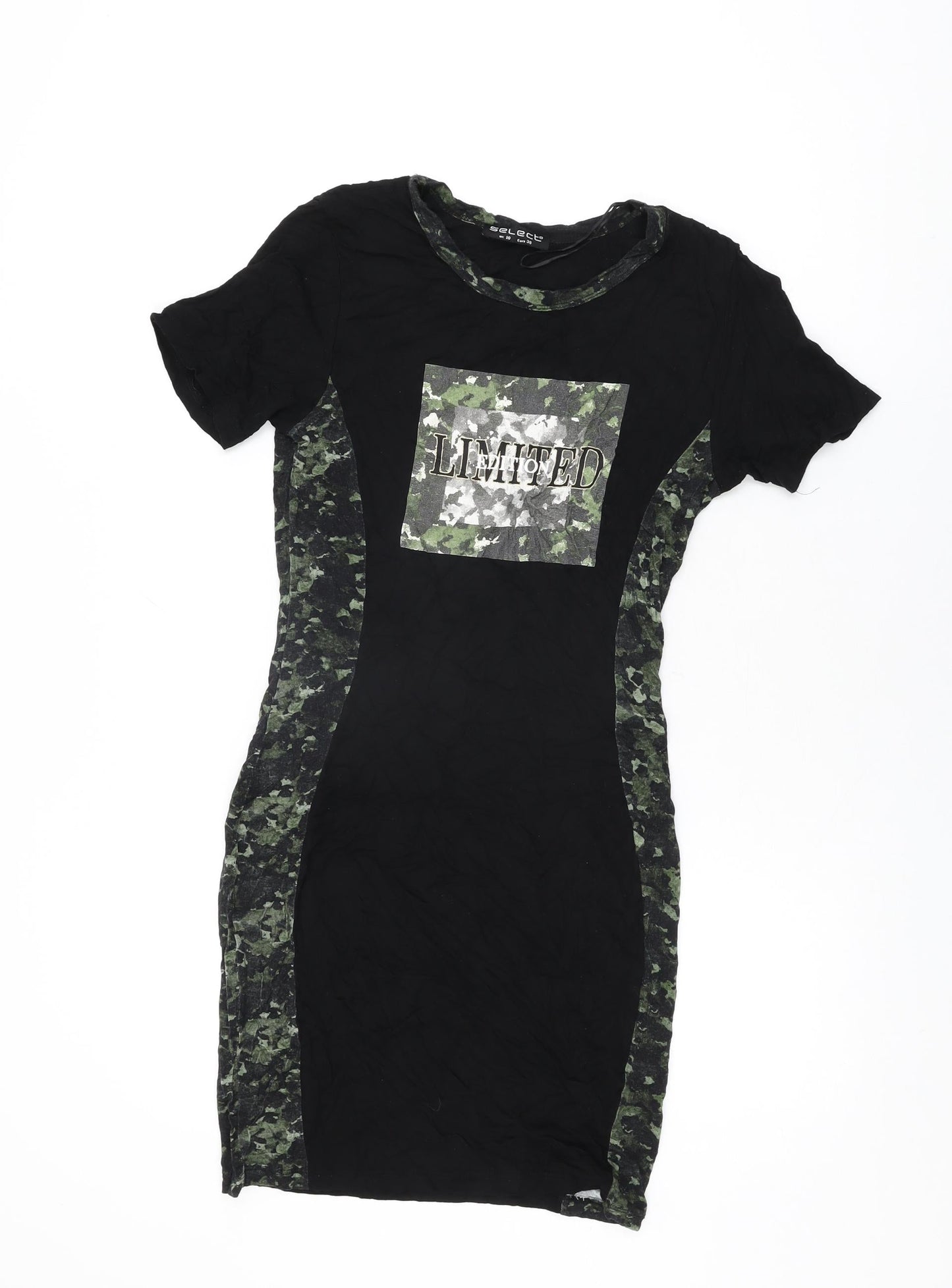 Select Womens Black Geometric Viscose Bodycon Size 10 Round Neck Pullover