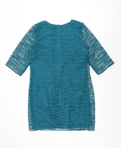 Mango Womens Blue Geometric Polyester Shift Size M Round Neck Zip
