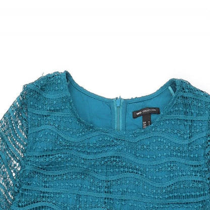 Mango Womens Blue Geometric Polyester Shift Size M Round Neck Zip