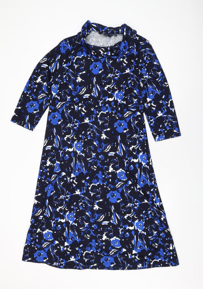 Isle Womens Blue Floral Polyester A-Line Size 14 High Neck Pullover