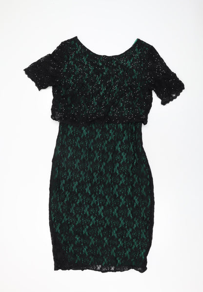 M&Cp Womens Black Floral Cotton Bodycon Size 14 Round Neck Zip