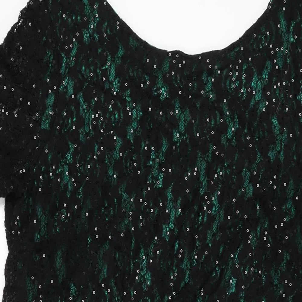 M&Cp Womens Black Floral Cotton Bodycon Size 14 Round Neck Zip