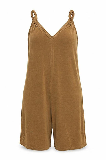 Front view of JD Williams women’s brown polyester romper one-piece, size UK 24, 12-inch leg pullover