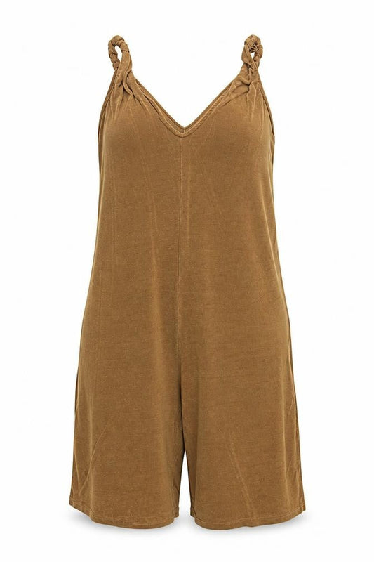 Front view of JD Williams women’s brown polyester romper one-piece, size UK 24, 12-inch leg pullover