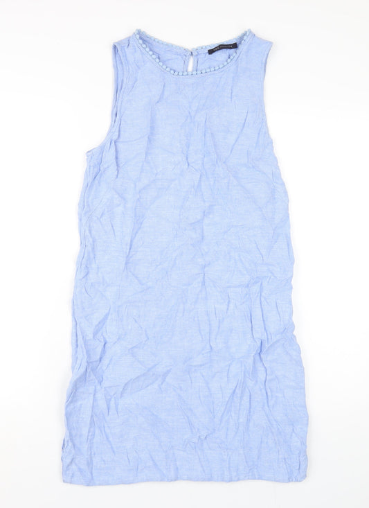Marks and Spencer Womens Blue Linen A-Line Size 10 Round Neck Button