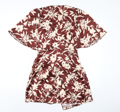 Zara Womens Brown Geometric Polyester A-Line Size S V-Neck Zip
