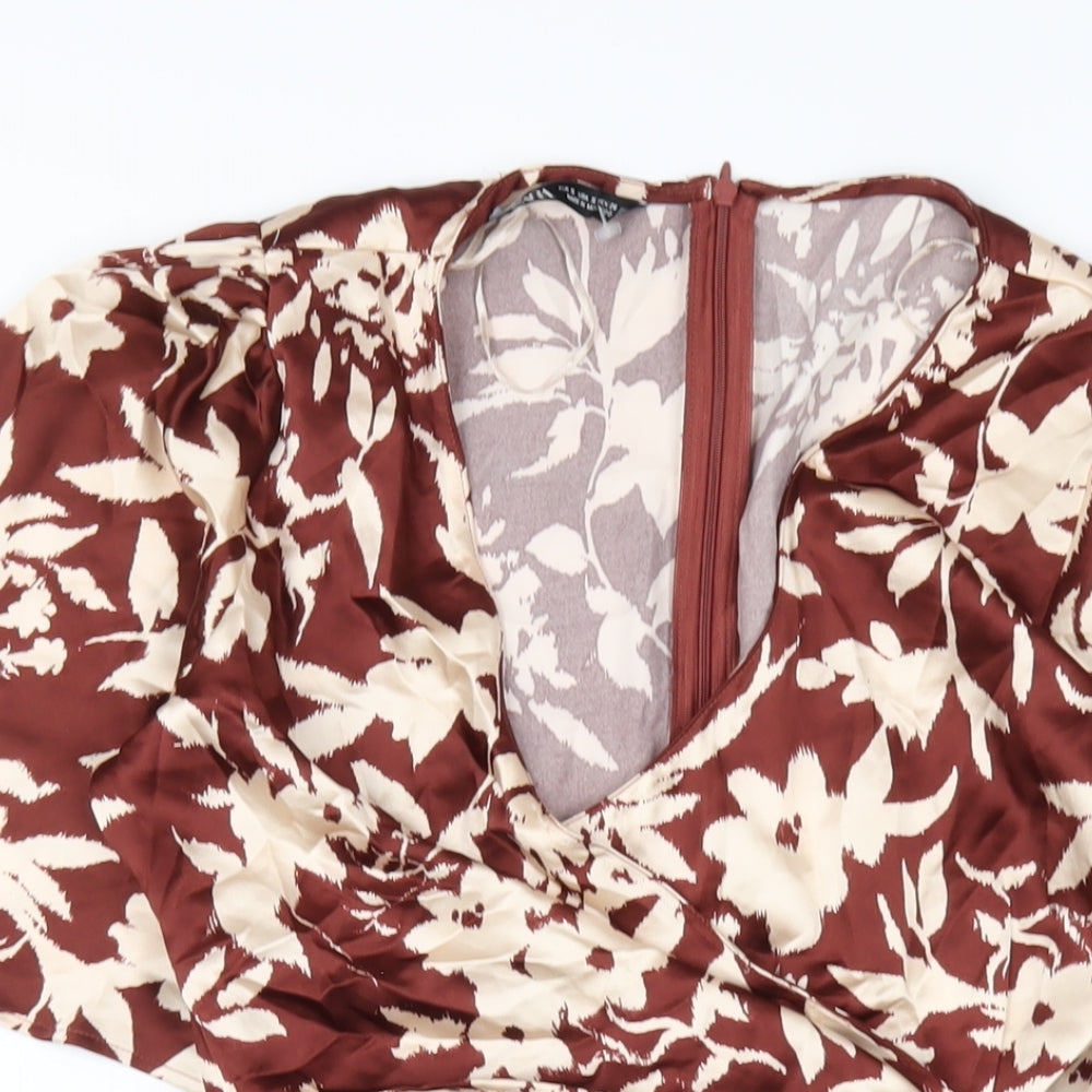 Zara Womens Brown Geometric Polyester A-Line Size S V-Neck Zip