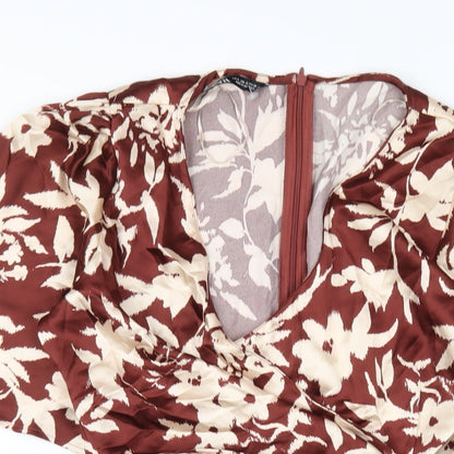 Zara Womens Brown Geometric Polyester A-Line Size S V-Neck Zip
