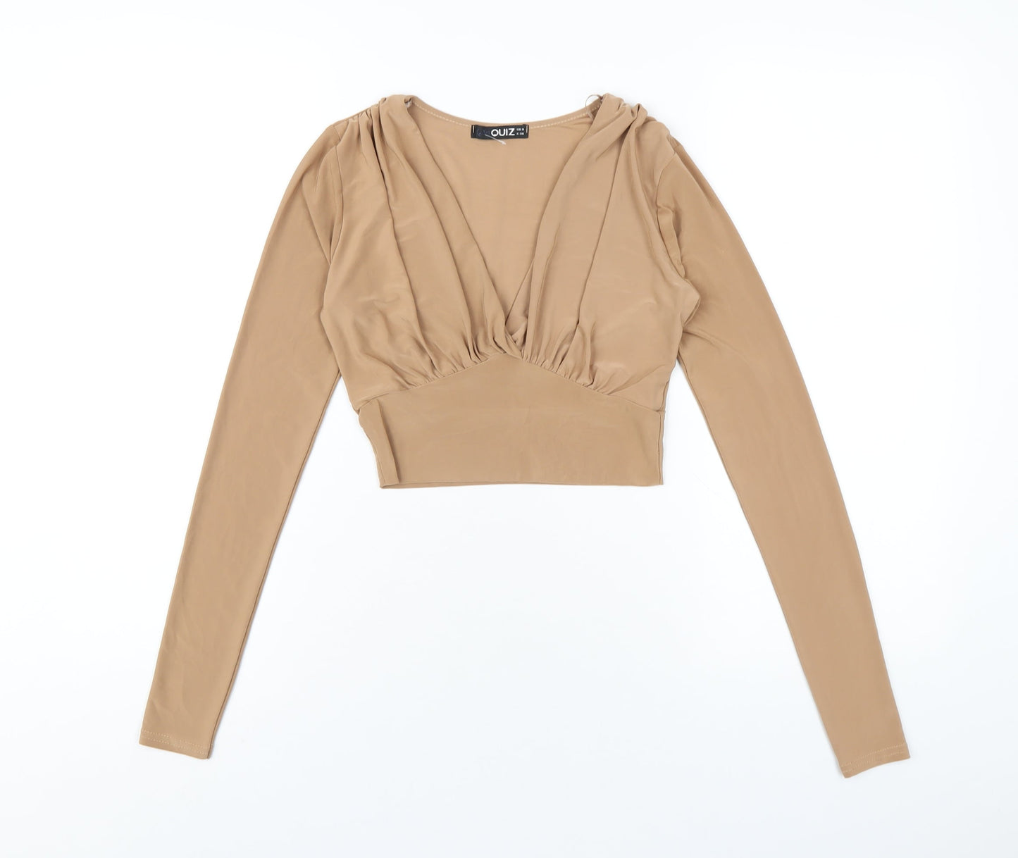 Quiz Womens Brown Polyester Basic T-Shirt Size 8 V-Neck