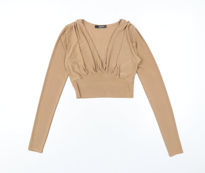 Quiz Womens Brown Polyester Basic T-Shirt Size 8 V-Neck