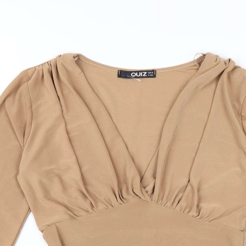 Quiz Womens Brown Polyester Basic T-Shirt Size 8 V-Neck