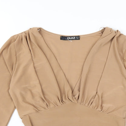 Quiz Womens Brown Polyester Basic T-Shirt Size 8 V-Neck