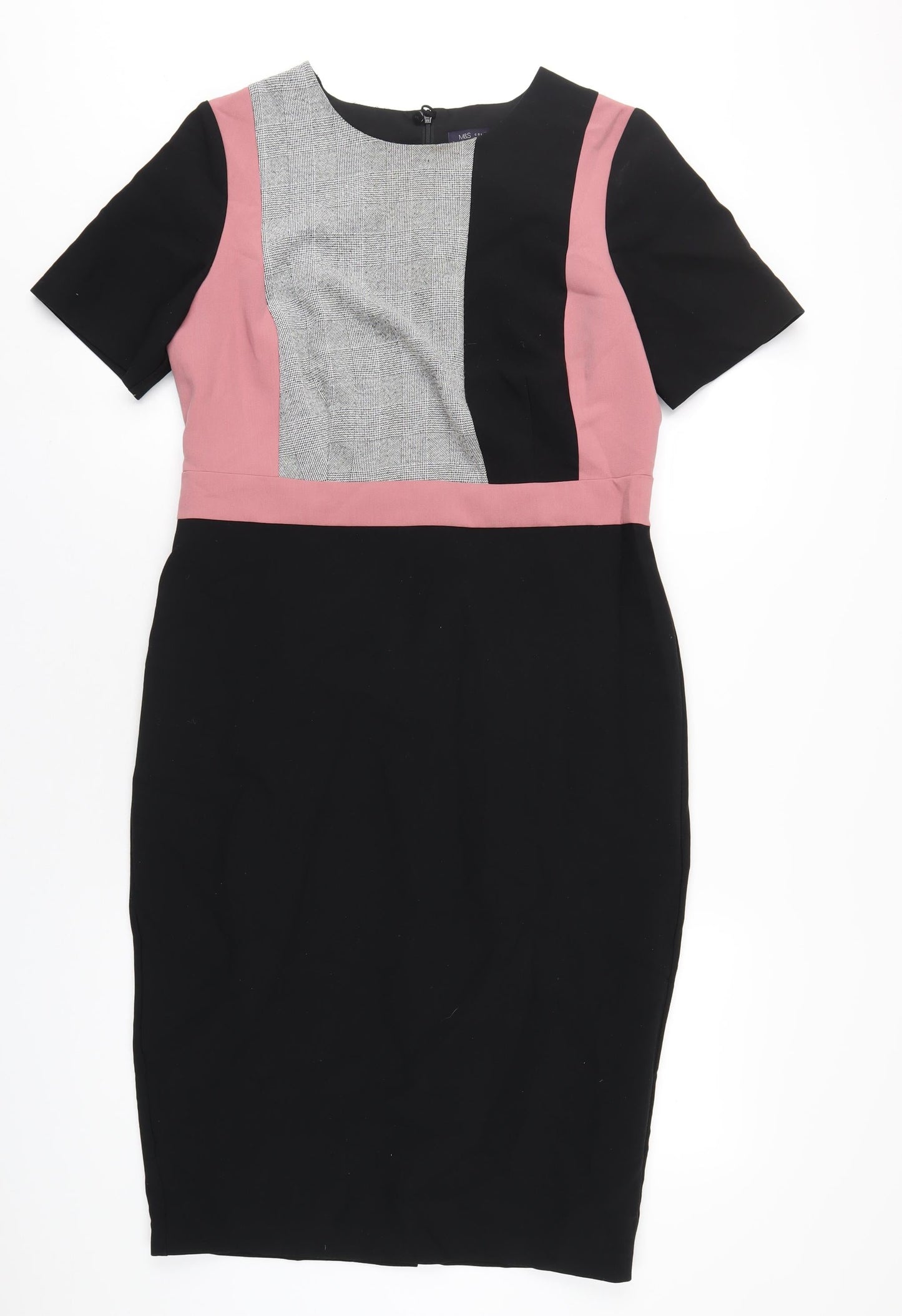 Marks and Spencer Womens Black Polyester Pencil Dress Size 14 Round Neck Zip