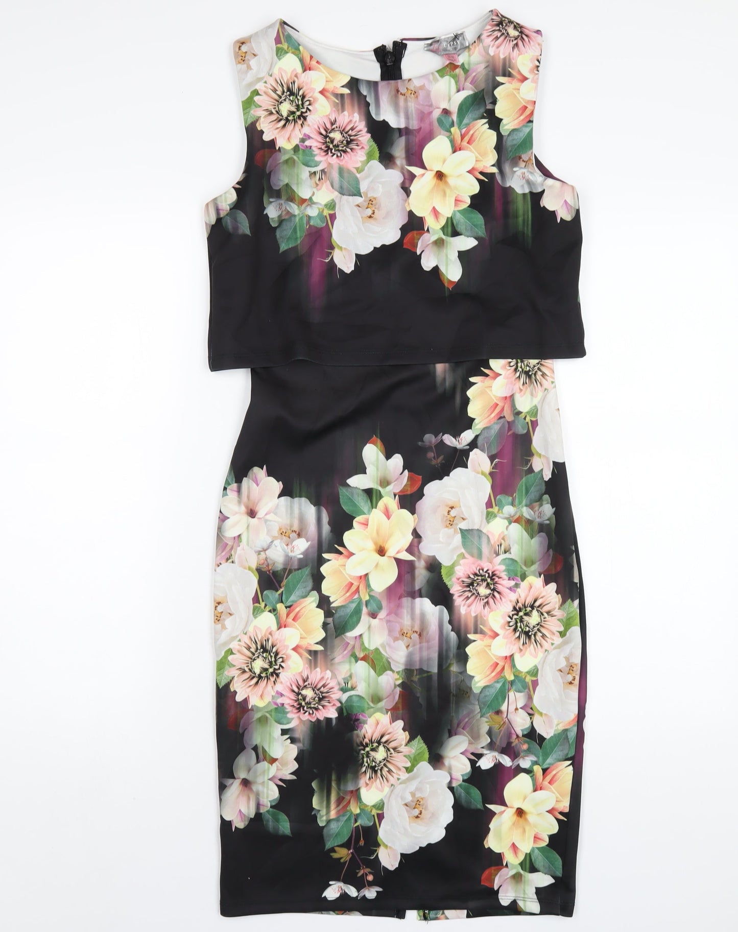 Lipsy Womens Multicoloured Floral Polyester Bodycon Size 10 Round Neck Zip