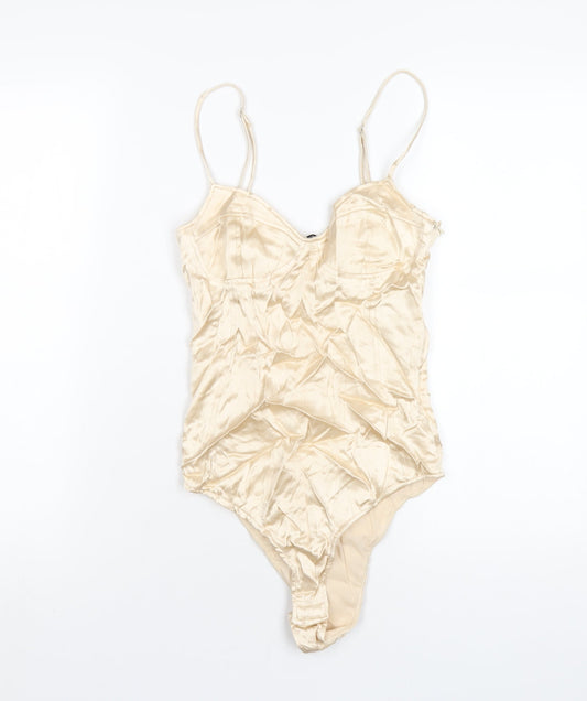Zara Womens Ivory Polyester Bodysuit One-Piece Size XS Zip